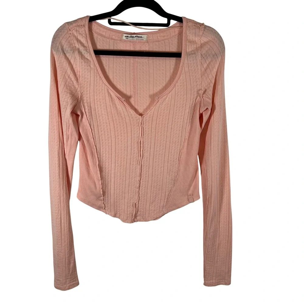 Free People We The Free Pink Pointelle V-Neck Long Sleeve Top OB1817655 Medium